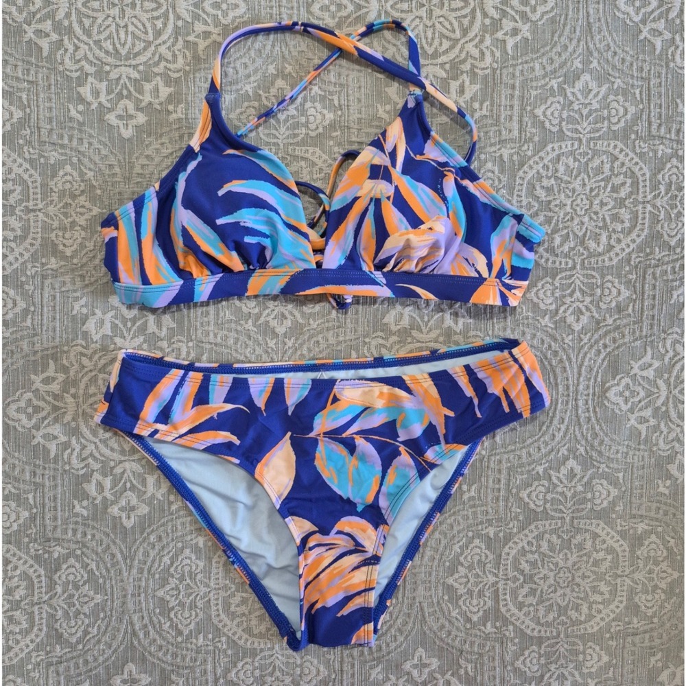 Cupshe Womens Tropical Leaf Print Bikini Set Blue Orange S CAA12C3G124ZZ